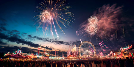 stunning display of fireworks lighting up the night sky above the Oktoberfest grounds, captivating the audience.の素材