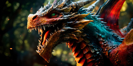 mythical dragon that breathes fire and has huge wings.の素材