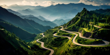 trip on a bicycle or motorcycle through picturesque mountain serpentines and panoramic roads.の素材