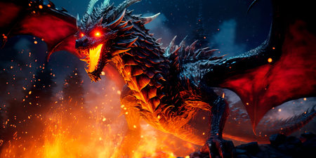 mythical dragon that breathes fire and has huge wings.の素材