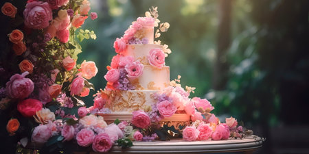luxurious wedding cake decorated with flowers and paintings.の素材