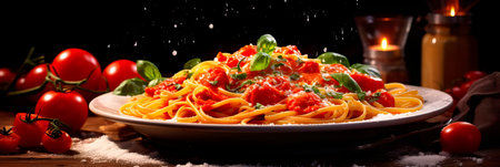 Delicious Italian pasta with tomato sauce, basil and cheese.の素材
