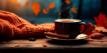warm knitted sweater and coffee warming on a cool autumn dayの素材