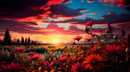 Cornfield with colorful flowers blooming at sunset.の素材