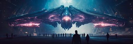 large spaceship from which aliens are disembarking.の素材