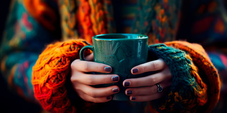 warm knitted sweater and coffee warming on a cool autumn dayの素材