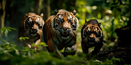 tigers running through exotic Asian forests.の素材