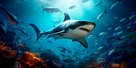 amazing size of sharks in coral reefs.の素材