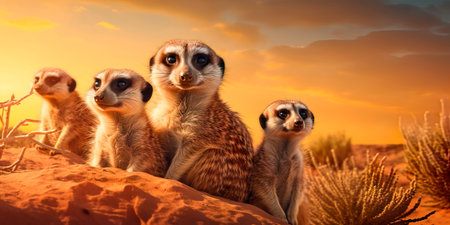 magical meerkat watching over his family in the Kalahari desert.の素材