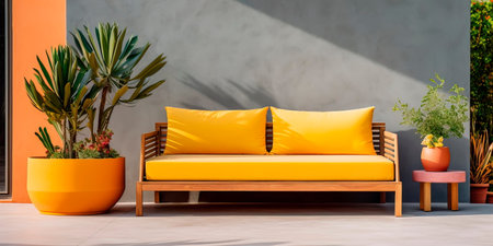 outdoor living space with a minimalist aesthetic, showcasing a low-profile sofa, concrete coffee table, and potted plants.の素材