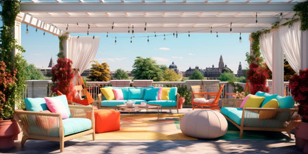 inviting outdoor lounge area with comfortable armchairs, patterned cushions, and a pergola overhead.の素材