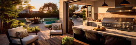 outdoor living room with a built-in kitchen, complete with a barbecue grill, countertop seating, and pendant lights.の素材