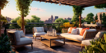 inviting outdoor lounge area with comfortable armchairs, patterned cushions, and a pergola overhead.の素材