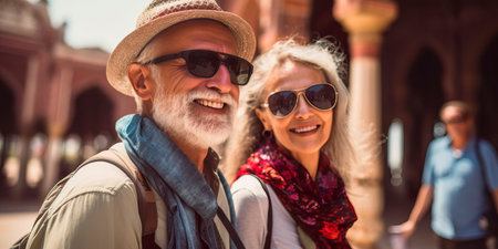 couple of elderly travelers visiting landmarks and cultural events.の素材