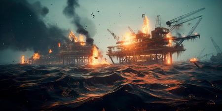 An oil rig disaster at sea, with oil slicks spreading across the ocean surface and threatening marine life.の素材