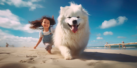 girl with Down syndrome playing on the beach with a fluffy dog.の素材