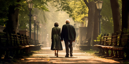 couple of elderly lovers walking along a park alley.の素材