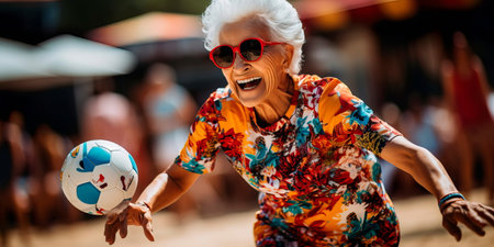 Portrait of a group of elderly friends playing volleyball on the beach.の素材