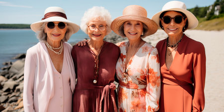 Portrait of a group of elderly friends playing volleyball on the beach.の素材