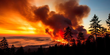 raging wildfire consuming a vast expansion of pristine forest, with flames reaching high into the sky.の素材