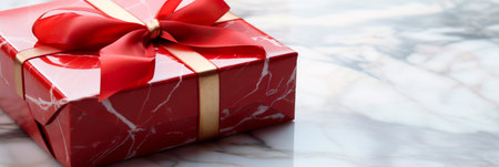 A top-down view of an elegant red gift box placed on a sleek, white marble surface. Generative AIの素材