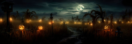 A sprawling, haunted cornfield maze with eerie scarecrows, dimly lit lanterns, and hidden surprises lurking in the shadows. Generative AIの素材