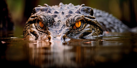 crocodile concealed beneath the water's surface, its eyes and snout visible as it waits patiently for a suitable moment to ambush a drinking prey. Generative AIの素材