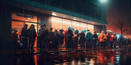 people wrapped in warm clothing, waiting in line outside a store during the early morning hours of Black Friday. Generative AIの素材