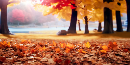 background with autumnal colors, showcasing the beauty of falling leaves and the coziness of a harvest season. Generative AIの素材