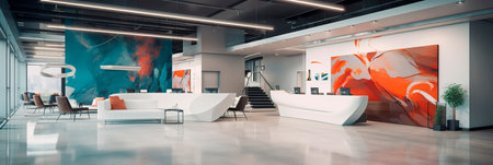 sleek and modern office lobby with minimalist decor, a large corporate reception desk, and contemporary art installations. Generative AIの素材