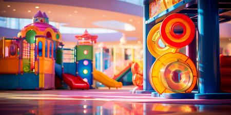 Whimsical and colorful children's play area in a hotel lobby with interactive games and toys. Generative AIの素材