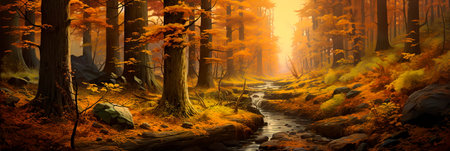 mesmerizing forest scene during the enchanting days of autumn, capturing the warm hues of fallen leaves. Generative AIの素材