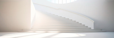 minimalist architectural scene showcasing the elegance of a single white staircase against a backdrop of neutral tones and natural light. Generative AIの素材