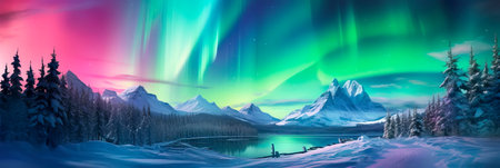magical northern lights display over a snowy wilderness, where vibrant hues dance across the night sky Generative AIの素材
