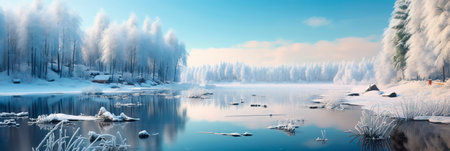 lakeside view during winter, where snow blankets the surroundings, trees stand still, and the icy water surface mirrors. Generative AIの素材