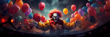 Sinister circus tent, featuring scary clown faces, twisted smiles, and colorful balloons. Generative AIの素材
