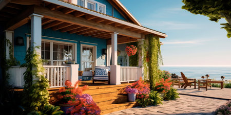 cottage residential exterior with weathered shingles, a wraparound porch, and beach-inspired decor. Generative AIの素材