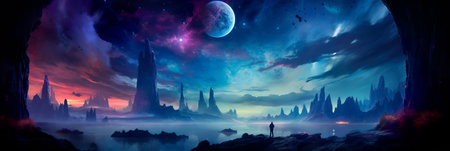 cosmic scene with a distant galaxy framed by the silhouettes of spacecraft or asteroids. Generative AIの素材