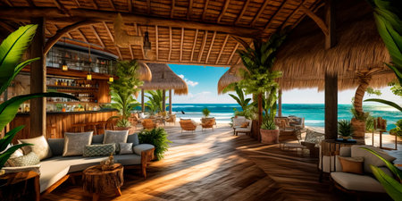 Tropical resort lobby with a thatched roof, wooden beams, and views of the ocean. Generative AIの素材