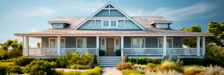 cottage residential exterior with weathered shingles, a wraparound porch, and beach-inspired decor. Generative AIの素材
