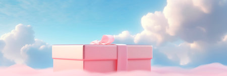 pastel pink gift box set against a dreamy, soft cloud-filled sky. Generative AIの素材