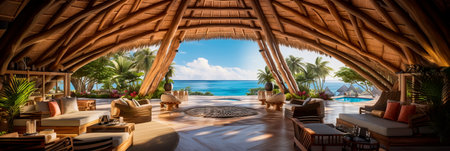 Tropical resort lobby with a thatched roof, wooden beams, and views of the ocean. Generative AIの素材