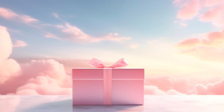 pastel pink gift box set against a dreamy, soft cloud-filled sky. Generative AIの素材