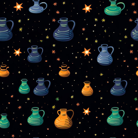 pattern with bubbling cauldrons, potion bottles, and witch's hats, all set against a dark, starry background. Generative AIの素材
