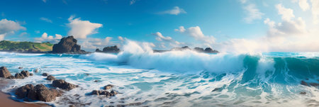 Panoramic view of a coastline with a series of waves rolling towards the shore, displaying the rhythmic motion of the ocean. Generative AIの素材