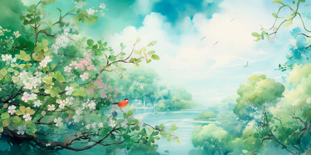 watercolor background inspired by nature, with lush green foliage and delicate flowers, capturing the essence of a peaceful garden. Generative AIの素材