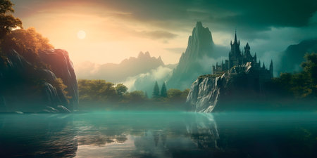 fantasy landscape with a gradient background of magical colors, sense of enchantment and wonder. Generative AIの素材