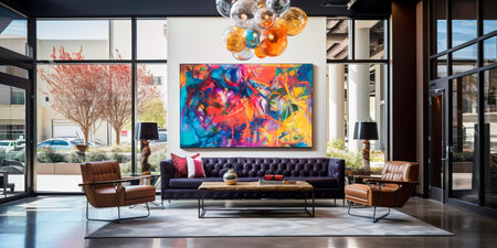 Chic urban apartment lobby with a statement art piece, modern seating, and industrial accents. Generative AIの素材