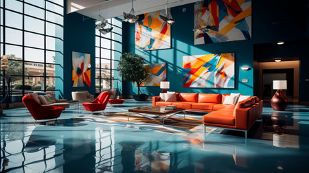 sleek and modern office lobby with minimalist decor, a large corporate reception desk, and contemporary art installations. Generative AIの素材