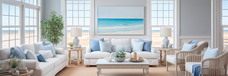 Coastal beach house living room with a breezy, nautical theme and coastal decor. Generative AIの素材